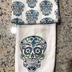 2pc Sugar Skull Textured Kitchen Towel Set Skeleton Day of Dead Blue NEW